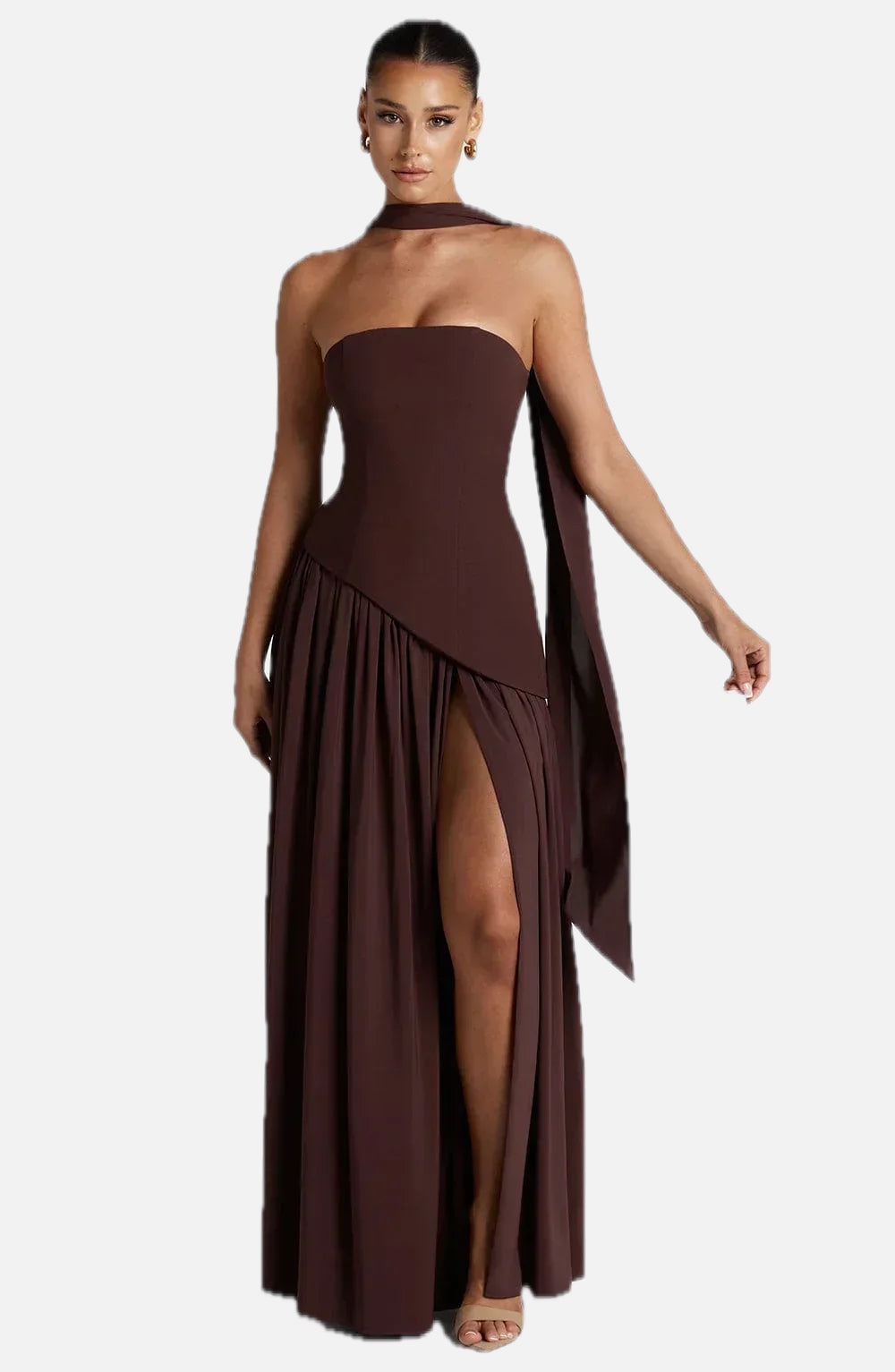 Women's Corset Bustier Maxi Dress with Scarf Detail and High Split
