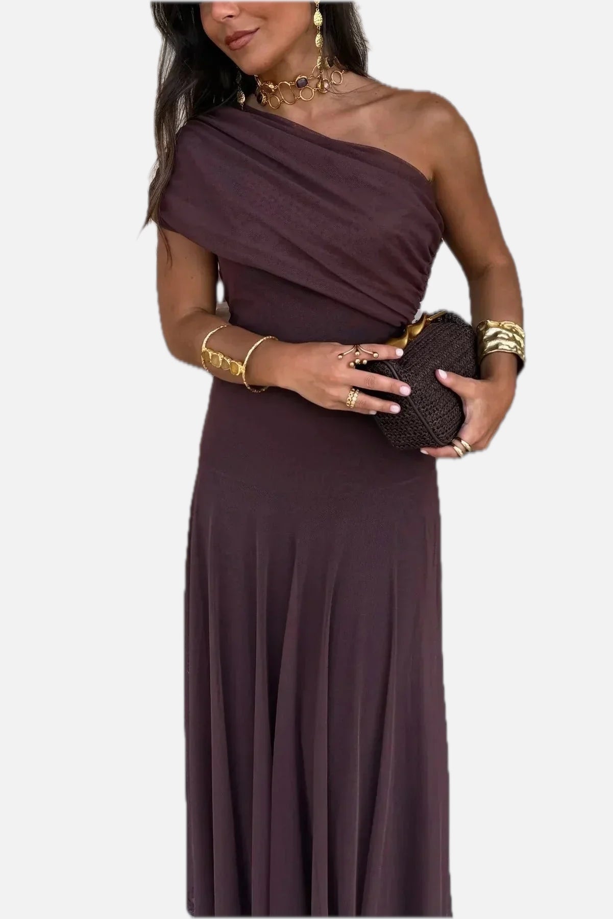 Women's Pleated One-Shoulder Maxi Dress with A-Line Silhouette