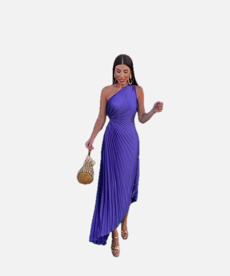Women's One-Shoulder Pleated Maxi Dress with Asymmetric Hem