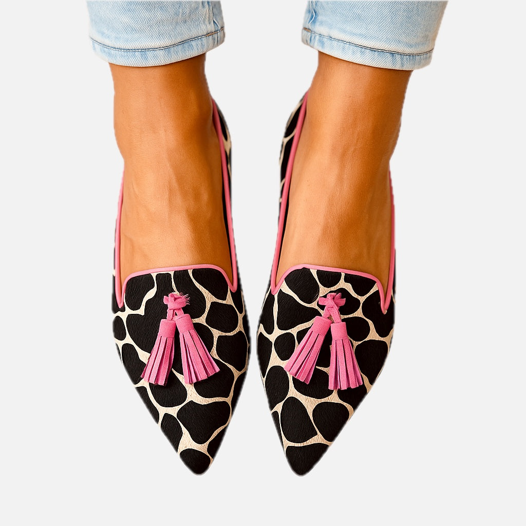 Women's Pointed Toe Loafers with Tassel Detail and Contrast Trim