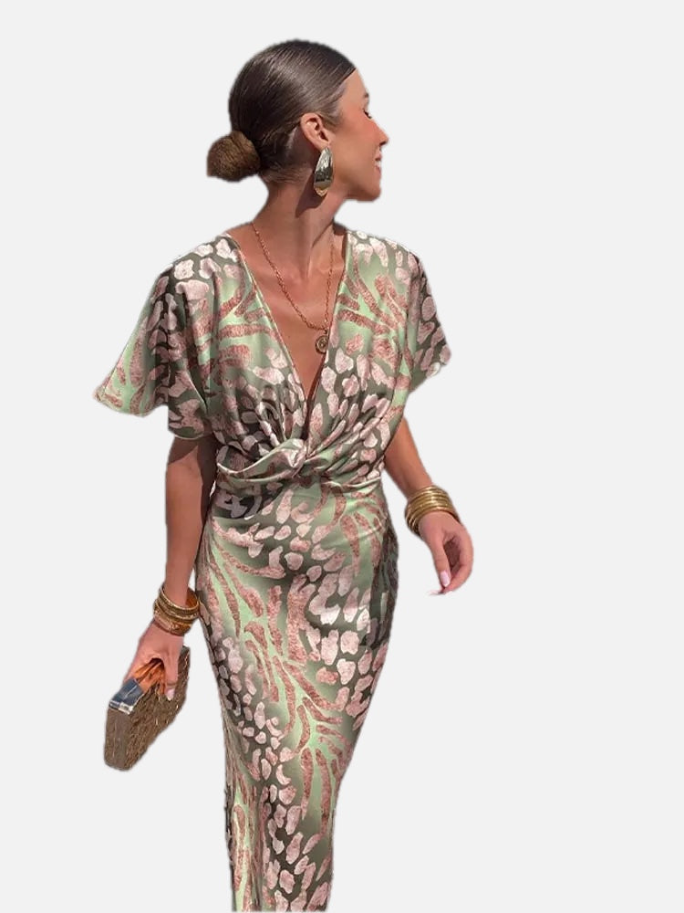 Women's Wrap Midi Dress with V-Neck and Flutter Sleeves