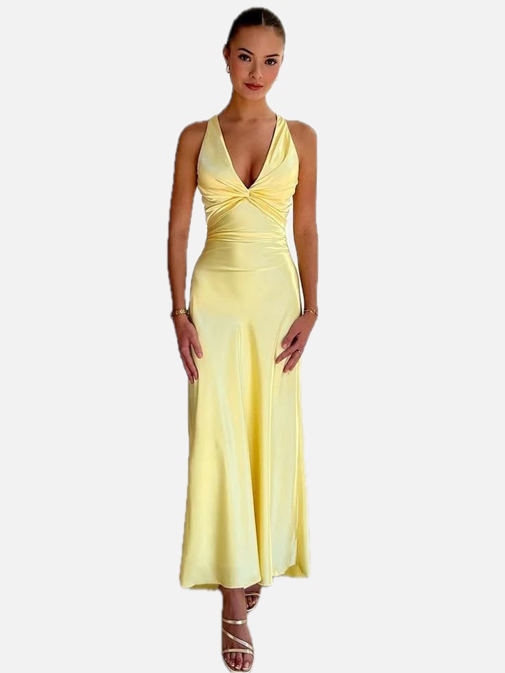 Women's Maxi Dress Wide-Strap V-Neck with Twist-Front Detail