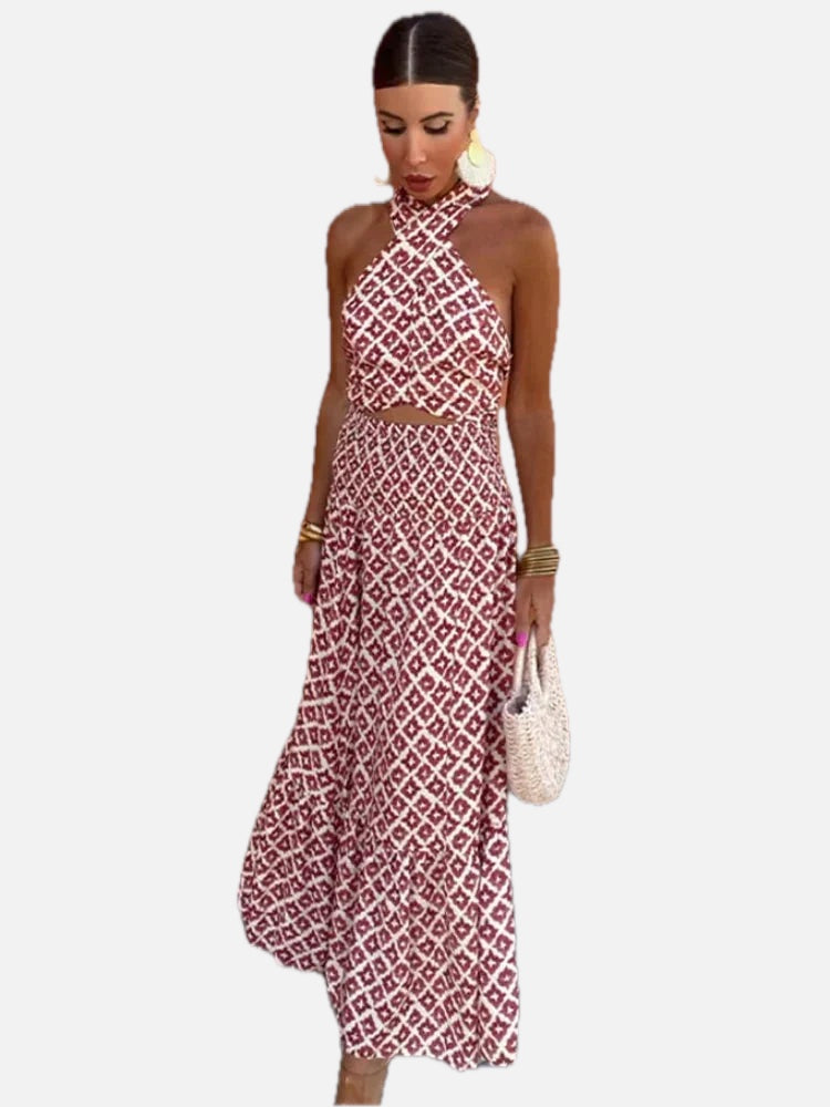 Women's Halterneck Maxi Dress with Cutout Waist and Printed Pattern