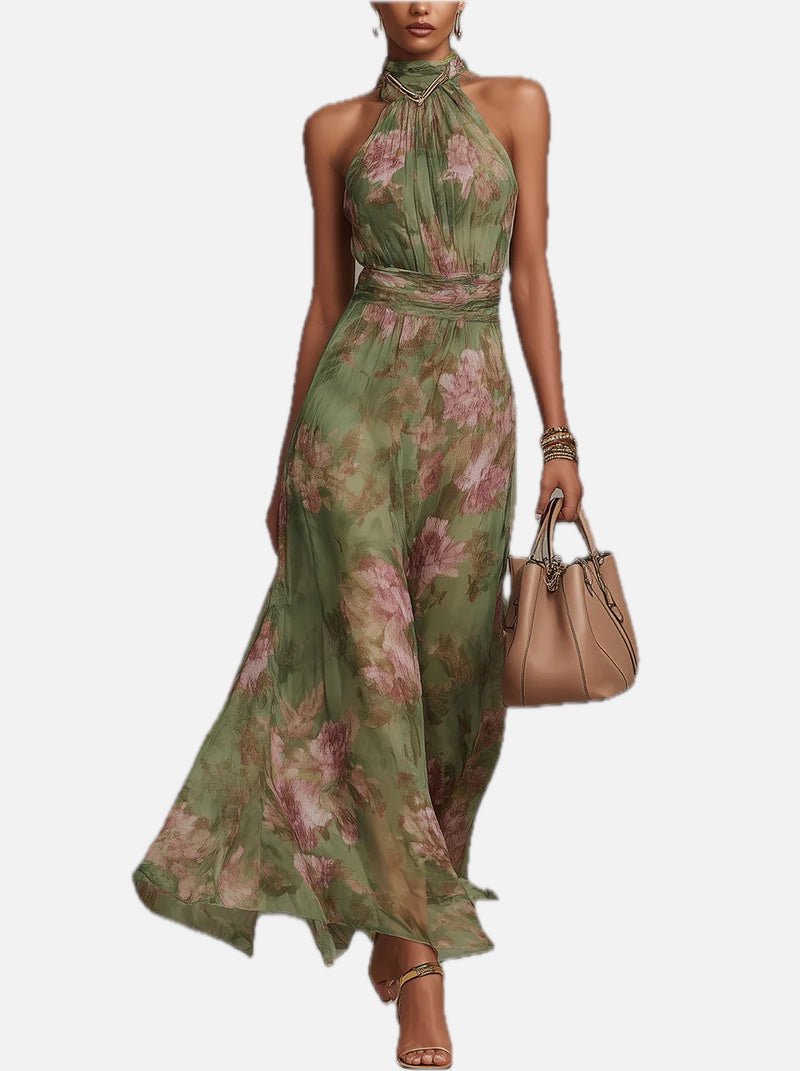 Women's Halterneck Maxi Dress with Floral Print and A-Line Skirt