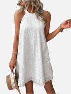 Women's Halter Neck Mini Dress with Eyelet Embroidery and A-Line Silhouette