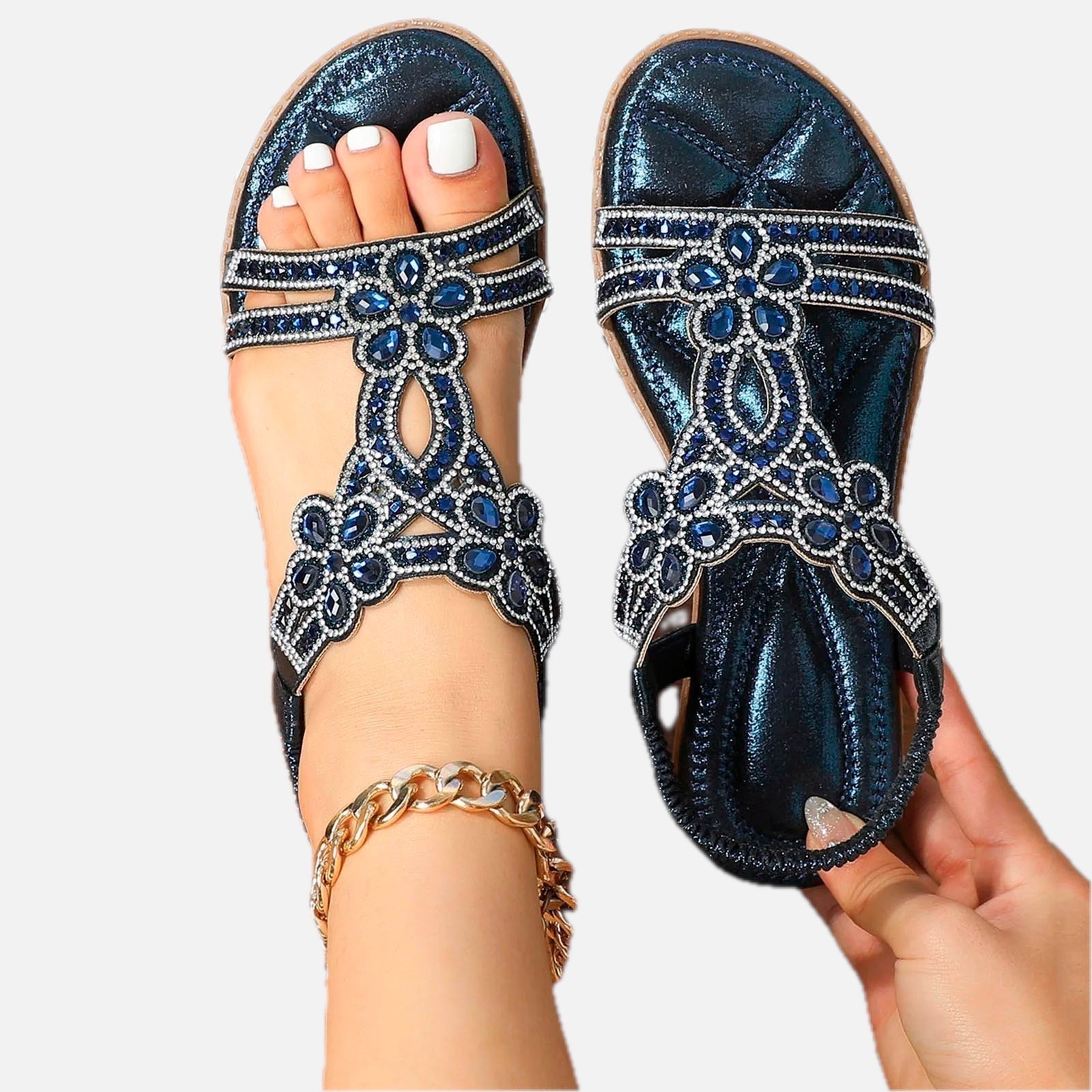 Women's Sandals with Adjustable Straps and Jewelled Embellishment - 1