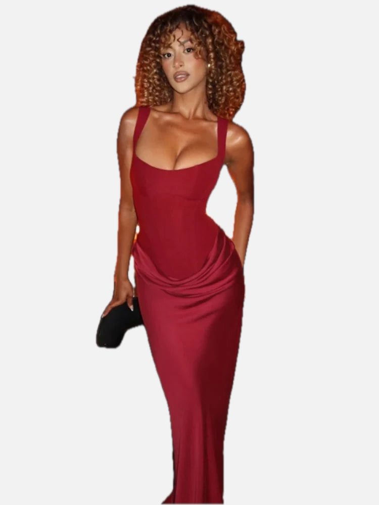 Women's Maxi Dress Ruched Bodycon with Scoop Neck
