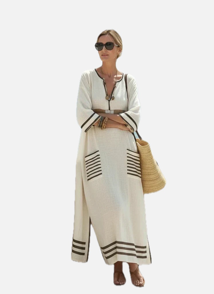 Women's Kaftan Maxi Dress with V-Neck and Striped Trim