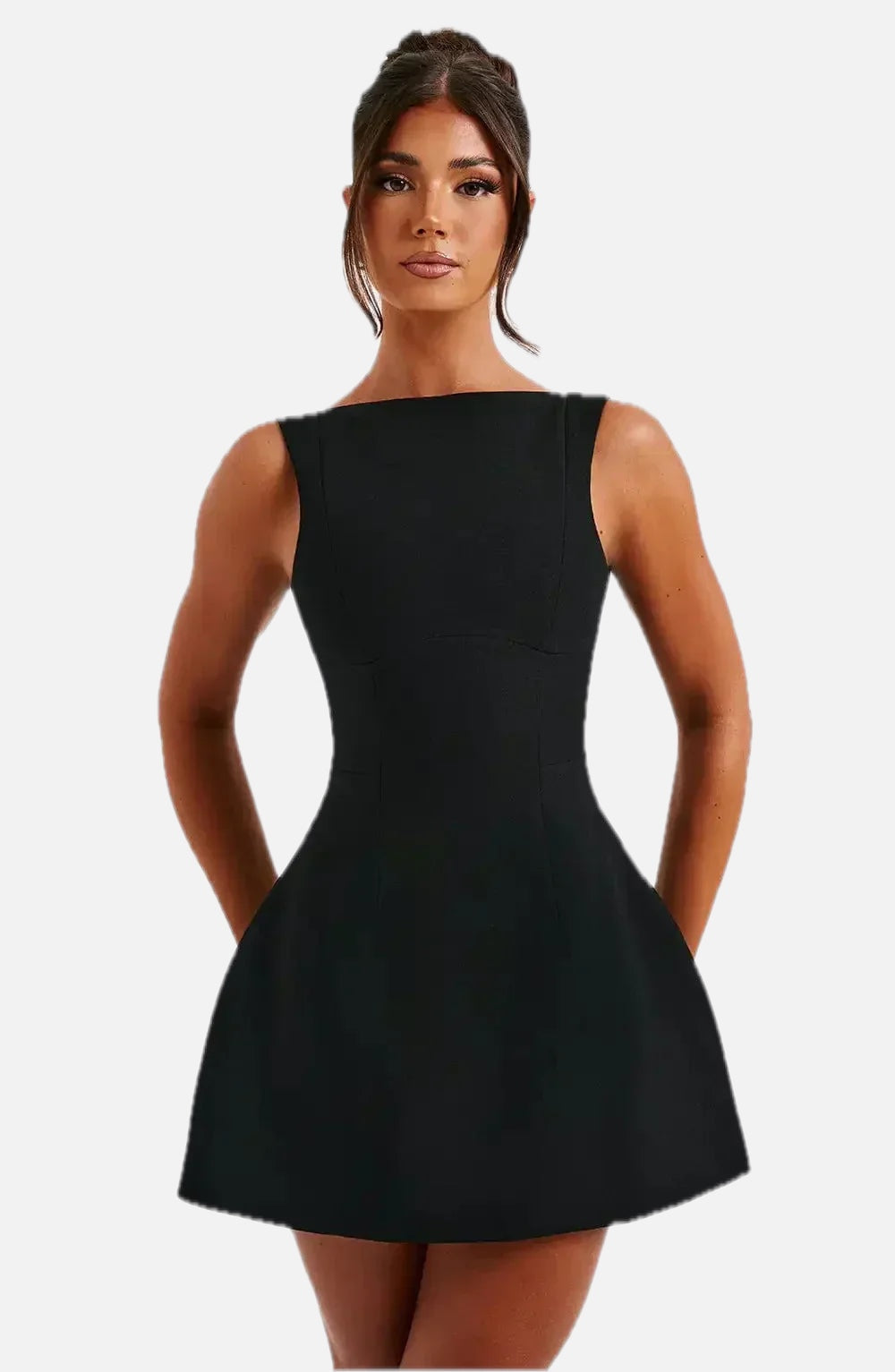 Women's Mini Dress Sleeveless with Boat Neck and Fit and Flare Silhouette - 1