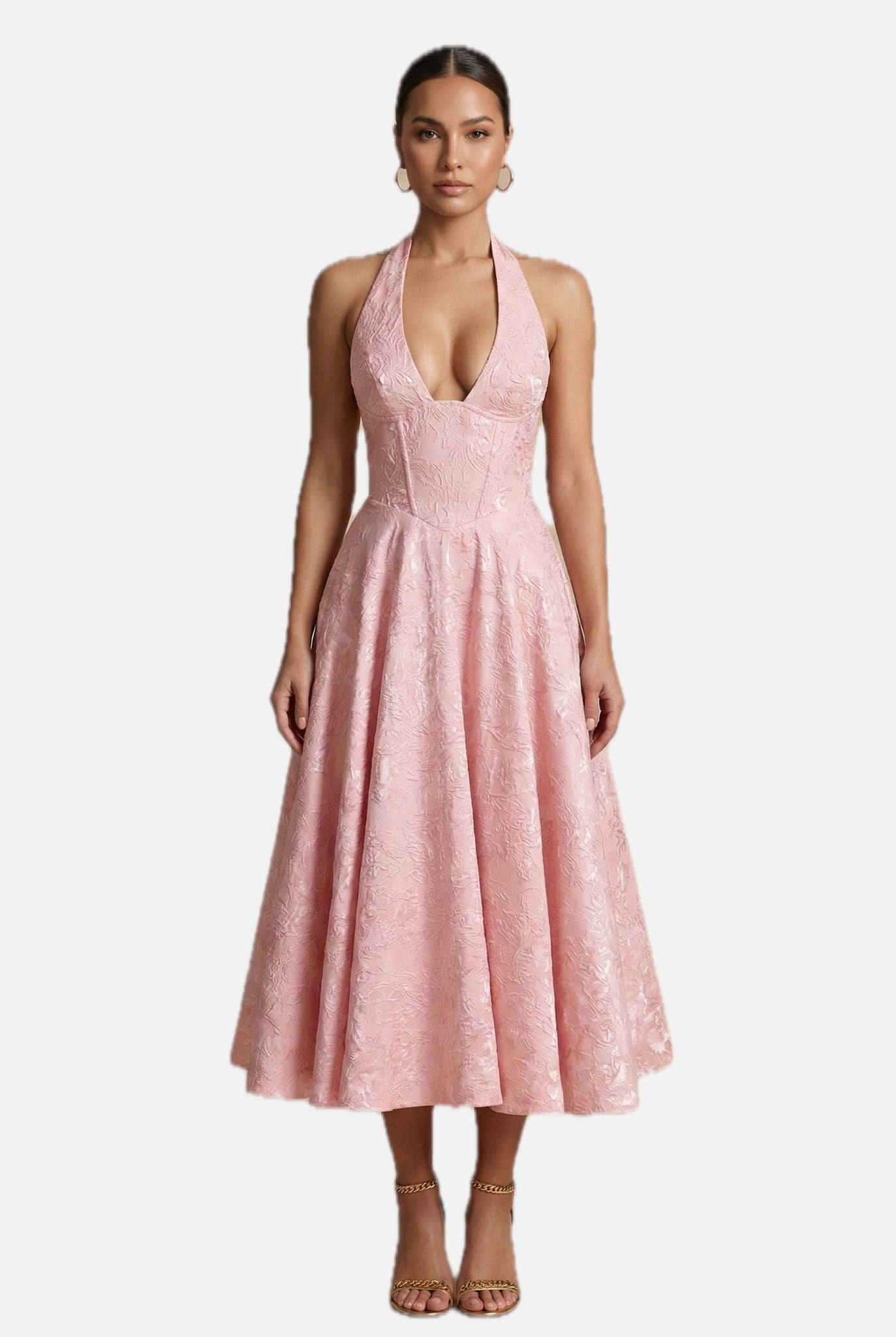 Women's Halter Corset Midi Dress with V-Neck and A-Line Skirt