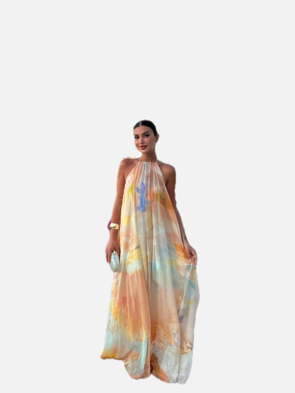 Women's Floral Halter Neck Maxi Dress with Flowing A-Line Silhouette