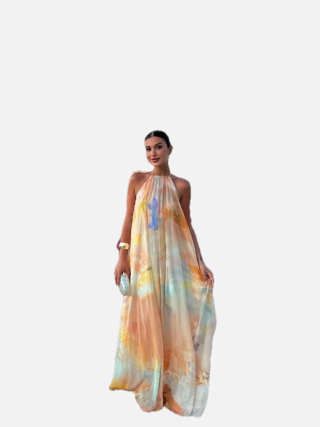Women's Floral Halter Neck Maxi Dress with Flowing A-Line Silhouette