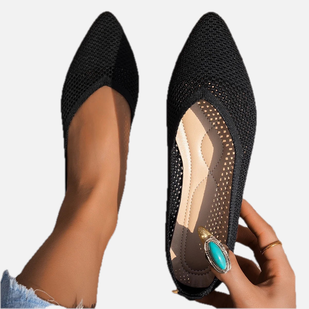 Women's Knit Ballet Flats with Pointed Toe and Stretch Upper