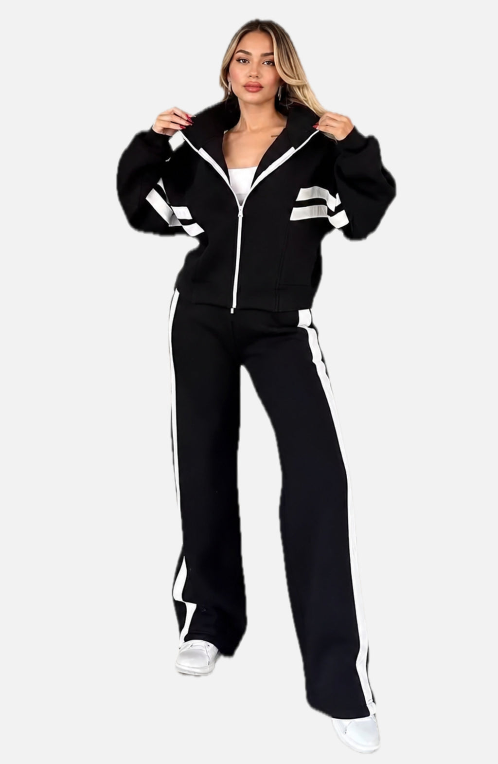 Women's Striped Co-Ord Set with Zip Jacket and Wide-Leg Trousers