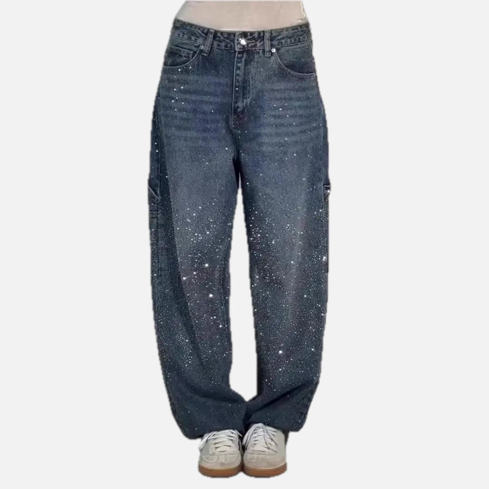 Women's Wide-Leg Jeans with Embellished Crystal Detail