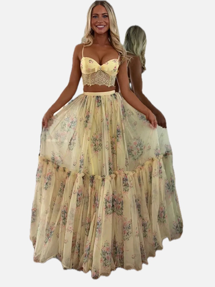 Women's Two-Piece Set Lace Bralette with Floral Tiered Maxi Skirt