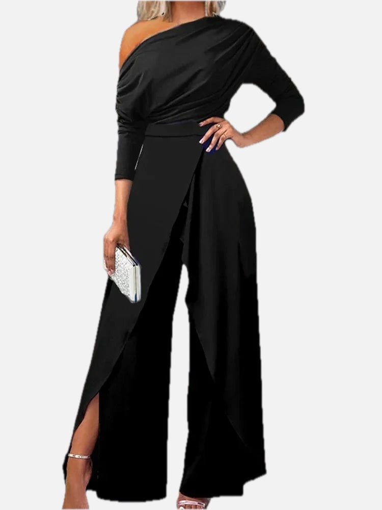 Women's Wide-Leg Jumpsuit with Cold-Shoulder Neckline and Draped Front