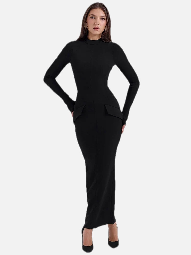 Women's Long Sleeve Bodycon Maxi Dress with O-Neck and Side Pockets - 1