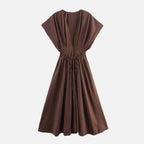 Women's Midi Dress with V-Neck and Tie Waist