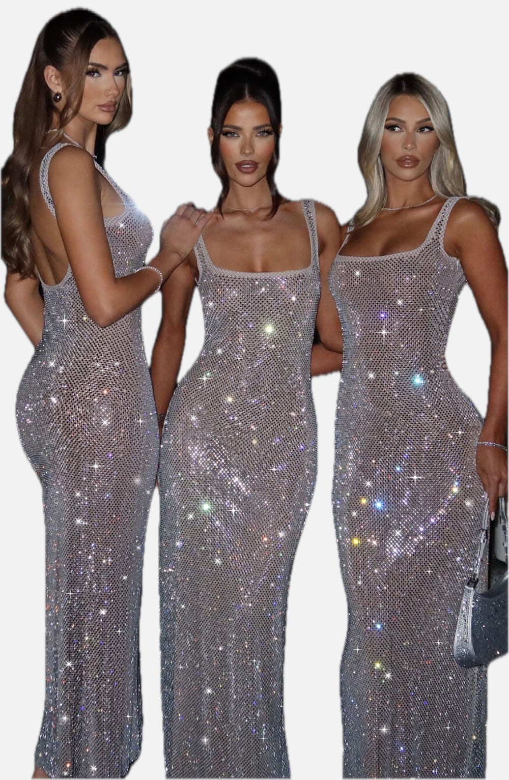 Women's Rhinestone Maxi Dress Sleeveless with Square Neck and Bodycon Silhouette