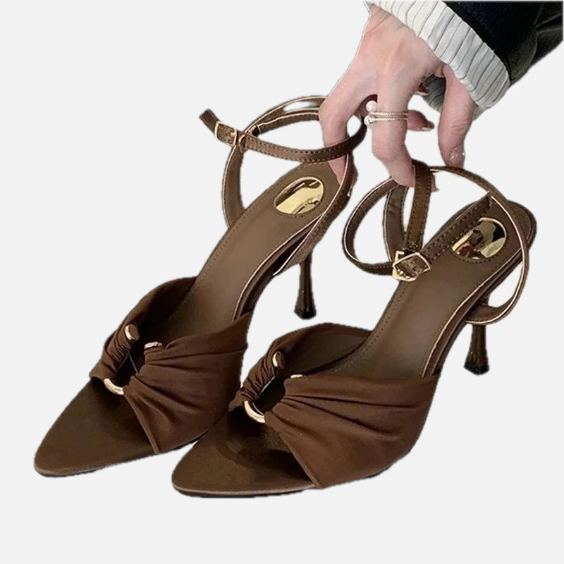 Women's Pleated Buckle Heeled Sandals with Ankle Strap