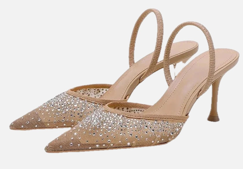 Women's Slingback Heels with Rhinestone Mesh Upper