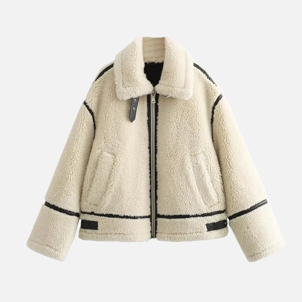 Women's Faux Fur Moto Jacket with Contrast Trim and Zip Front