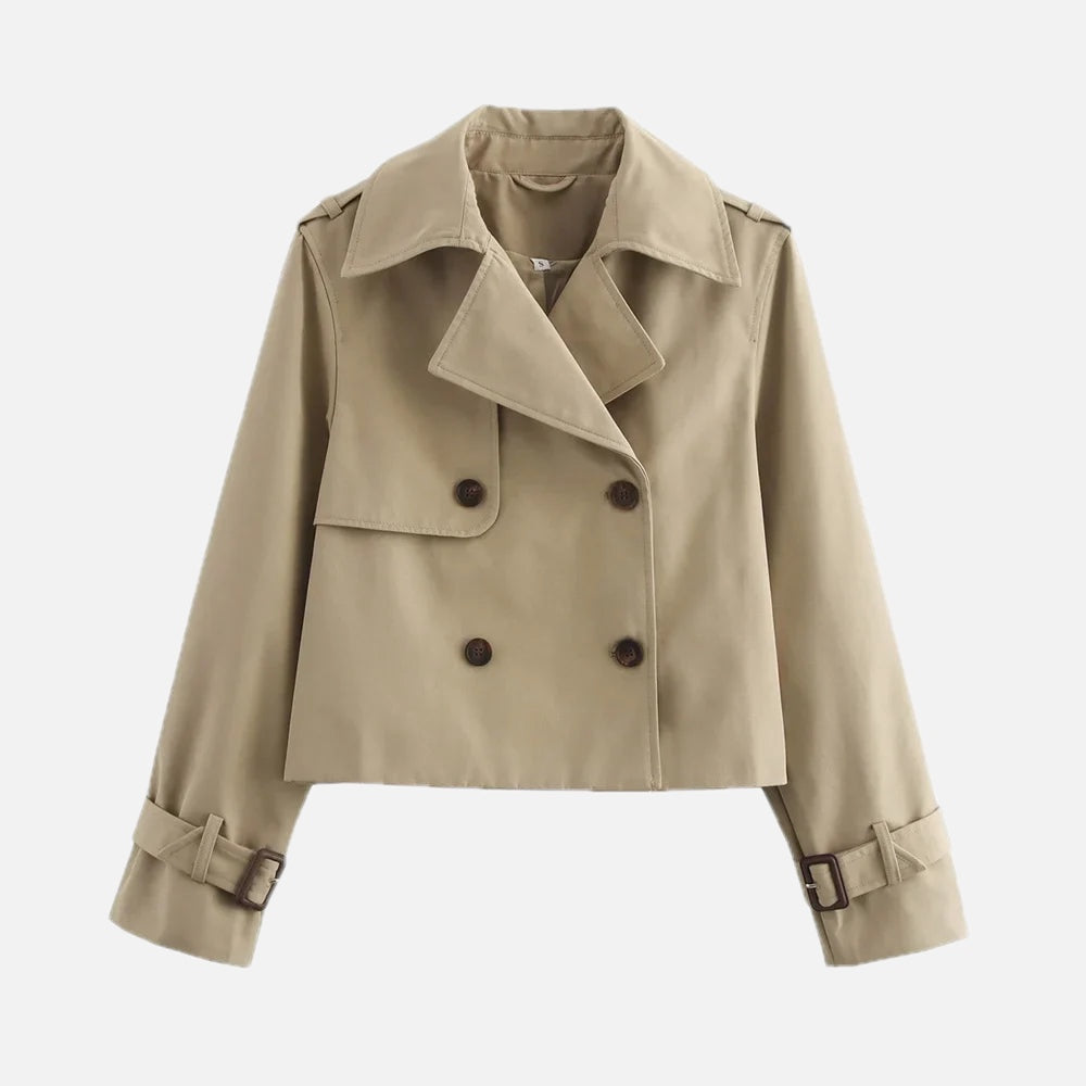 Women's Cropped Trench Coat with Double-Breasted Buttons and Belted Cuffs