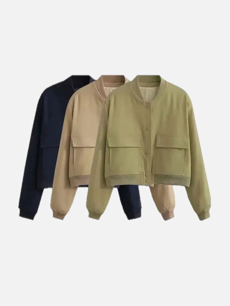 Women's Bomber Jacket with Patch Pockets and Ribbed Trim