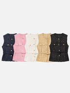 Women's Sleeveless Belted Blazer Vest with Round Neck and Front Buttons - 1
