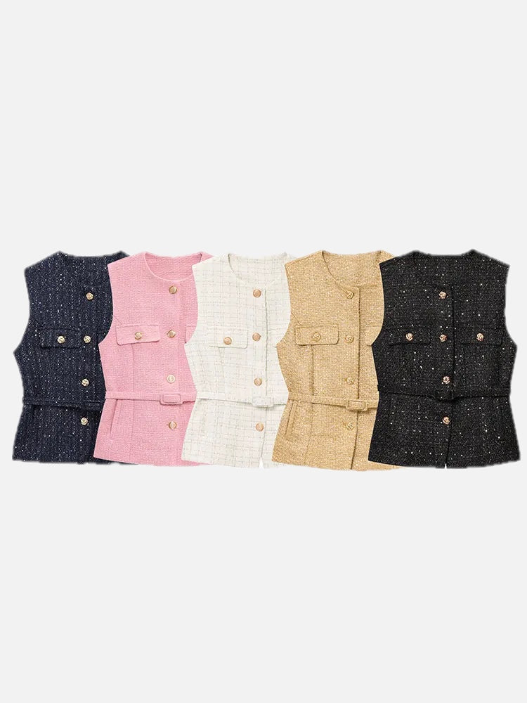 Women's Sleeveless Belted Blazer Vest with Round Neck and Front Buttons - 1