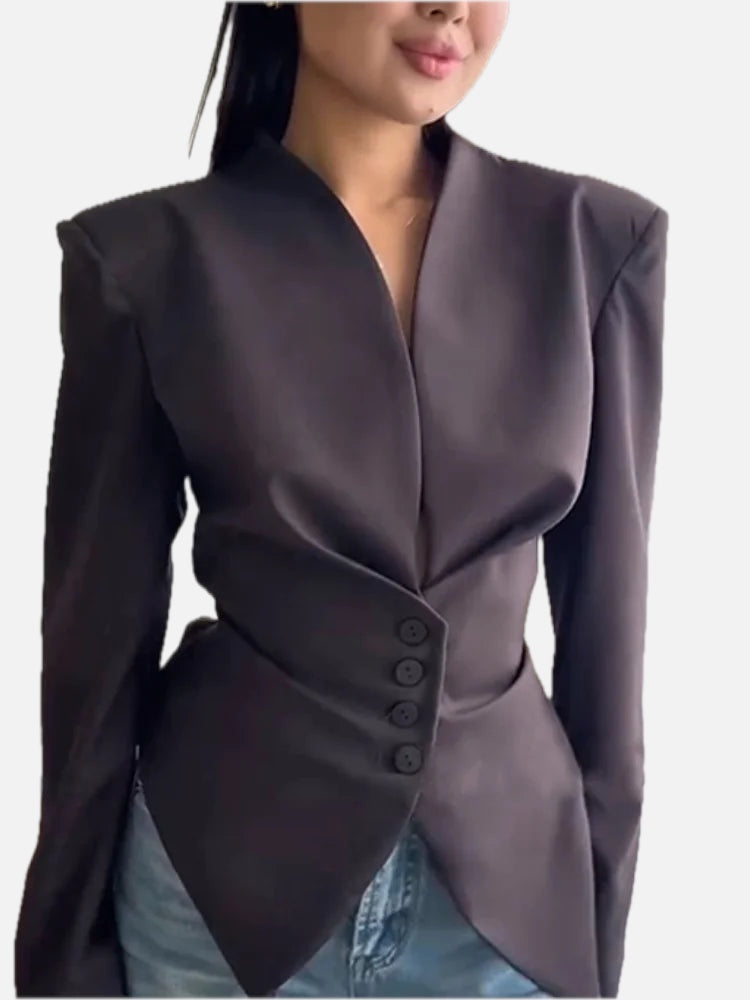 Women's Pleated Blazer Jacket with Wrap Front and Button Detail