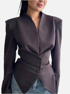 Women's Pleated Blazer Jacket with Wrap Front and Button Detail