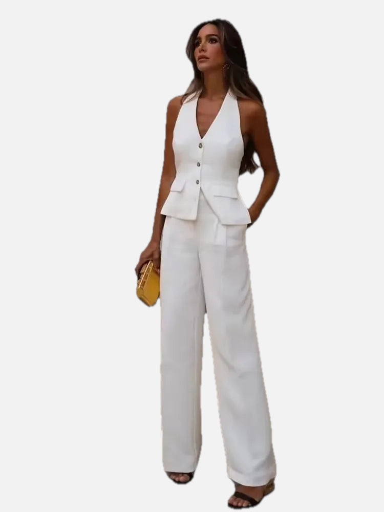 Women Halter Waistcoat and Trouser Co-ord Set with Wide Leg