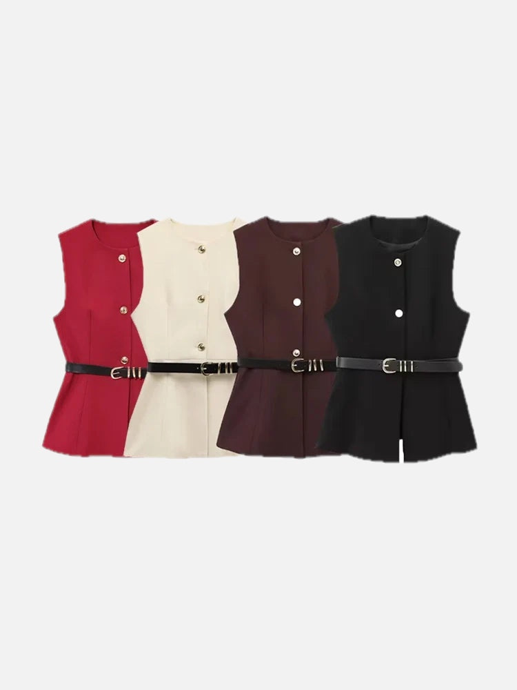 Women's Waistcoat Sleeveless with Gold Buttons and Belted Waist