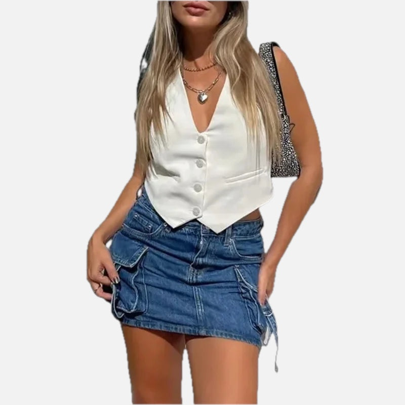 Women's Cropped Tailored Vest with Button Front and V-Neck