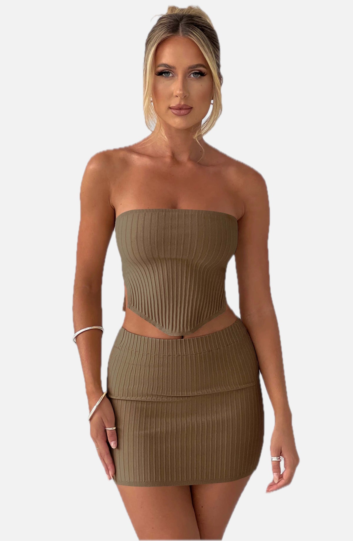 Women's Ribbed Bodycon Mini Dress Strapless with Cutout Waist