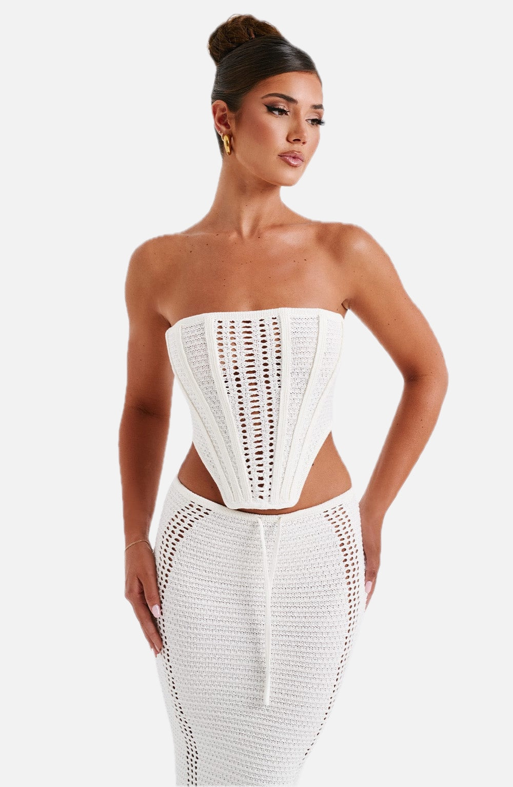 Women's Strapless Crochet Corset Top with Boning and Tie Front