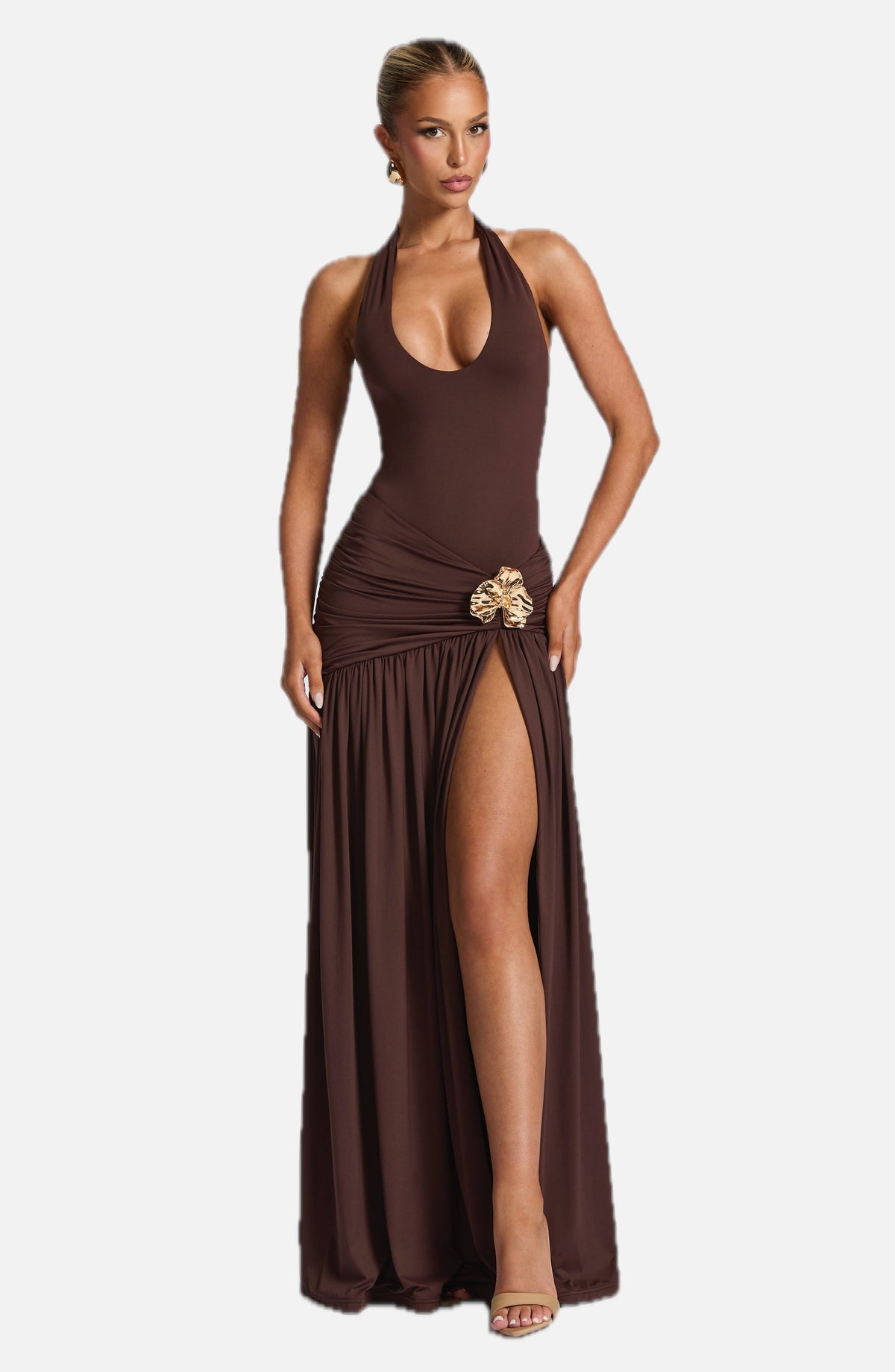 Women's Maxi Skirt Ruched with High Slit and Flower Detail