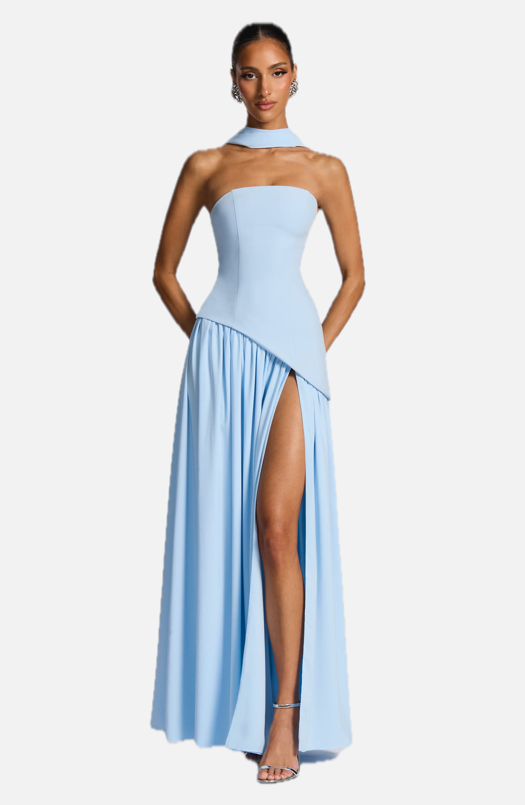 Women's Strapless Maxi Dress with High Slit and Neck Strap - 1