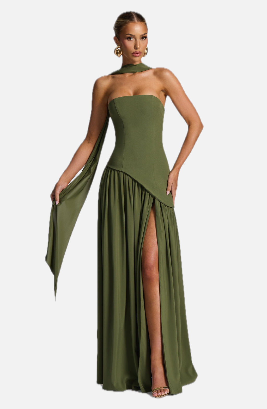 Women's Maxi Dress Strapless with Draped Sleeve and Front Slit