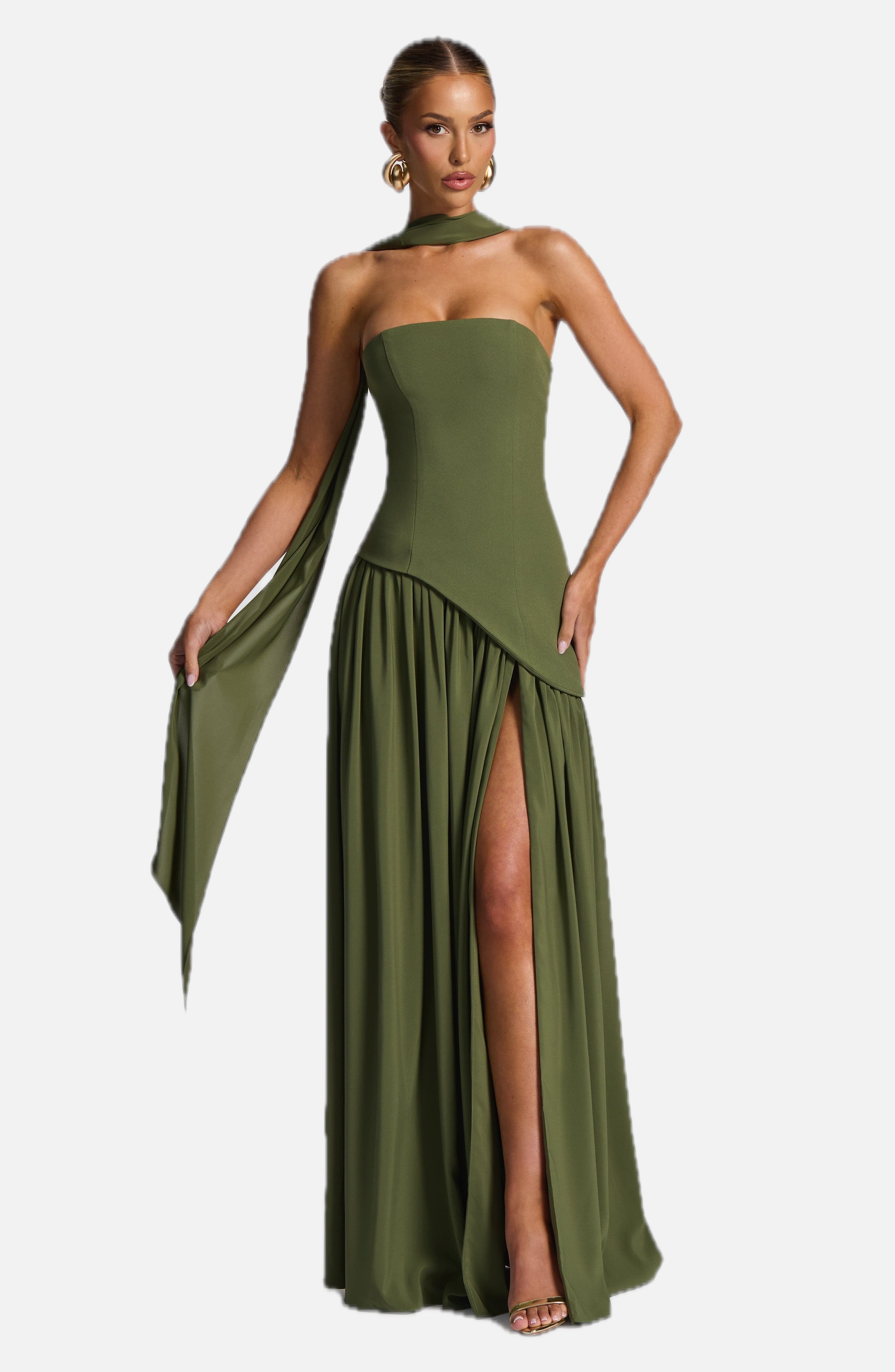 Women's Maxi Dress Strapless with Draped Sleeve and Front Slit