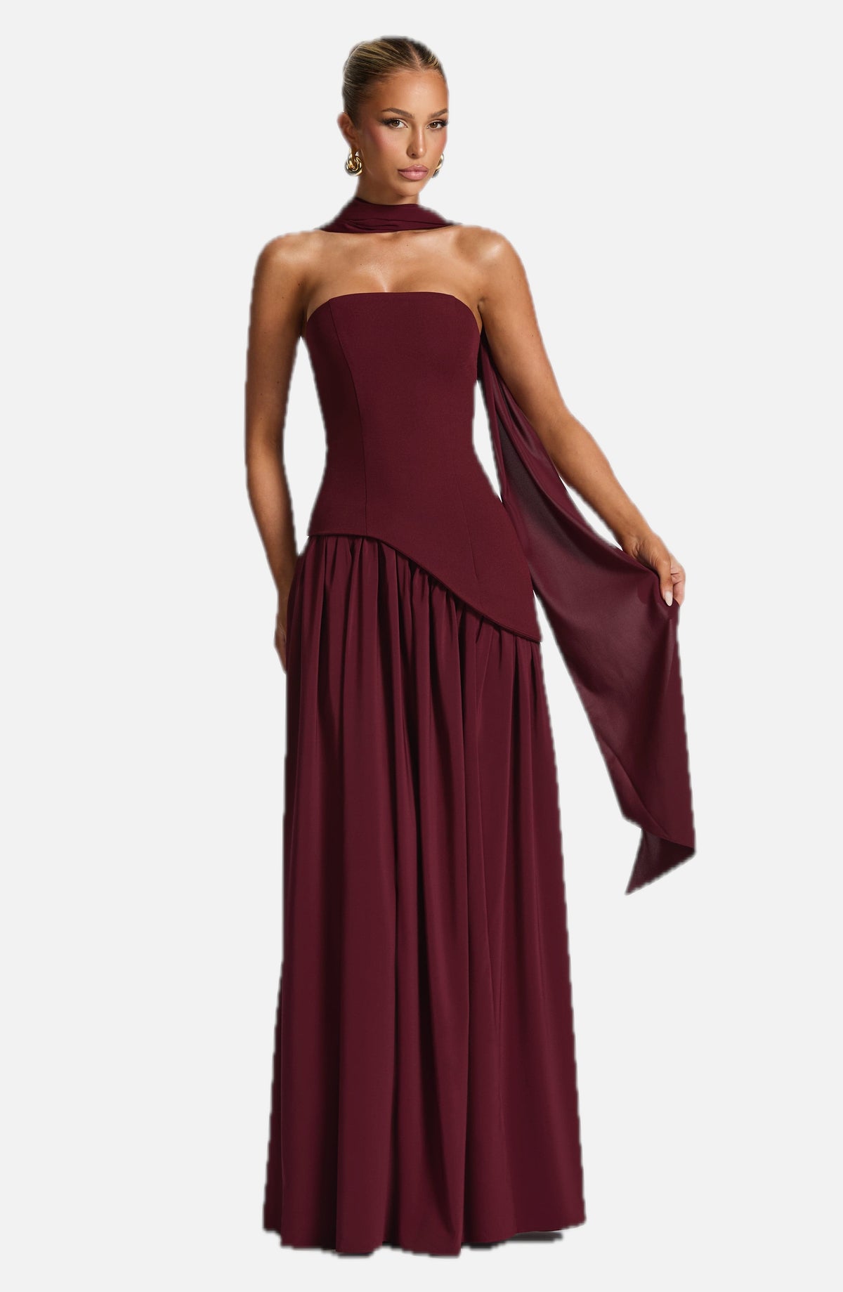 Women's Strapless Maxi Dress with Draped Shoulder Sash and A-Line Skirt
