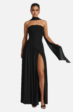 Women's Maxi Evening Gown Strapless with High Slit and Draped Cape Sleeve - 1