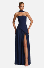 Women's Strapless Maxi Gown with Halter Neck Strap and Thigh Slit