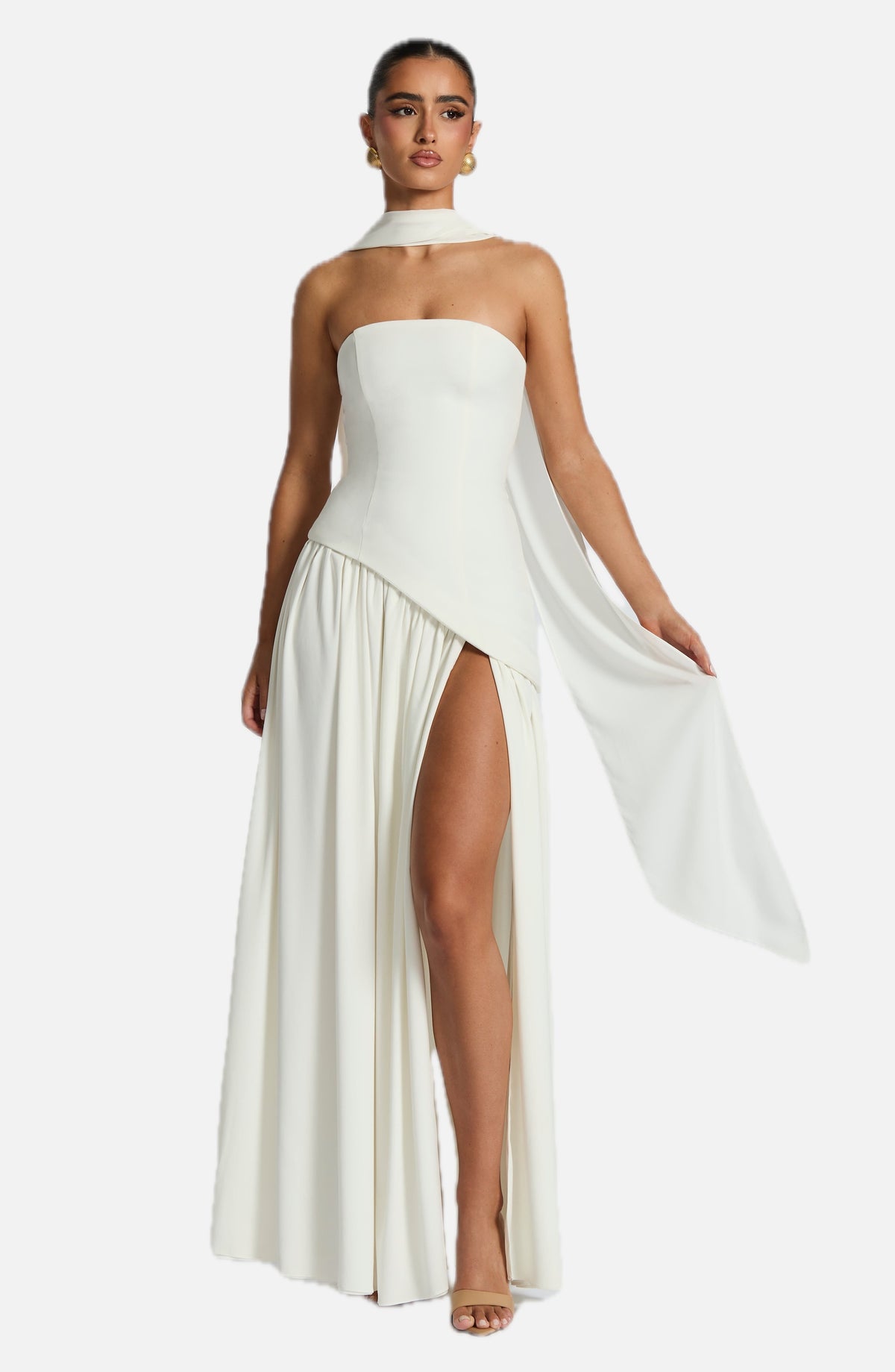 Women's Strapless Maxi Dress with One Shoulder Drape and Thigh Slit