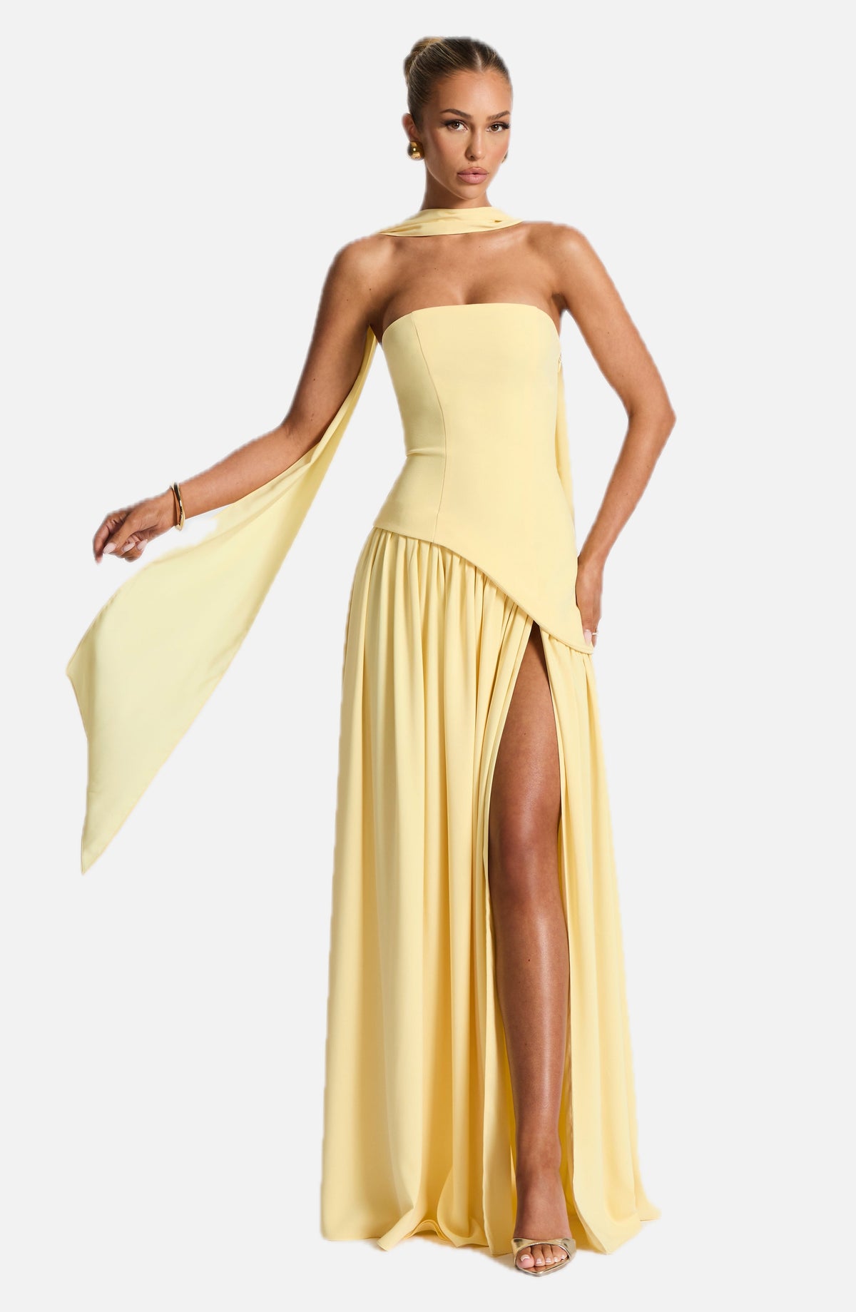 Women's Maxi Dress Strapless with One Shoulder Drape and Thigh Slit