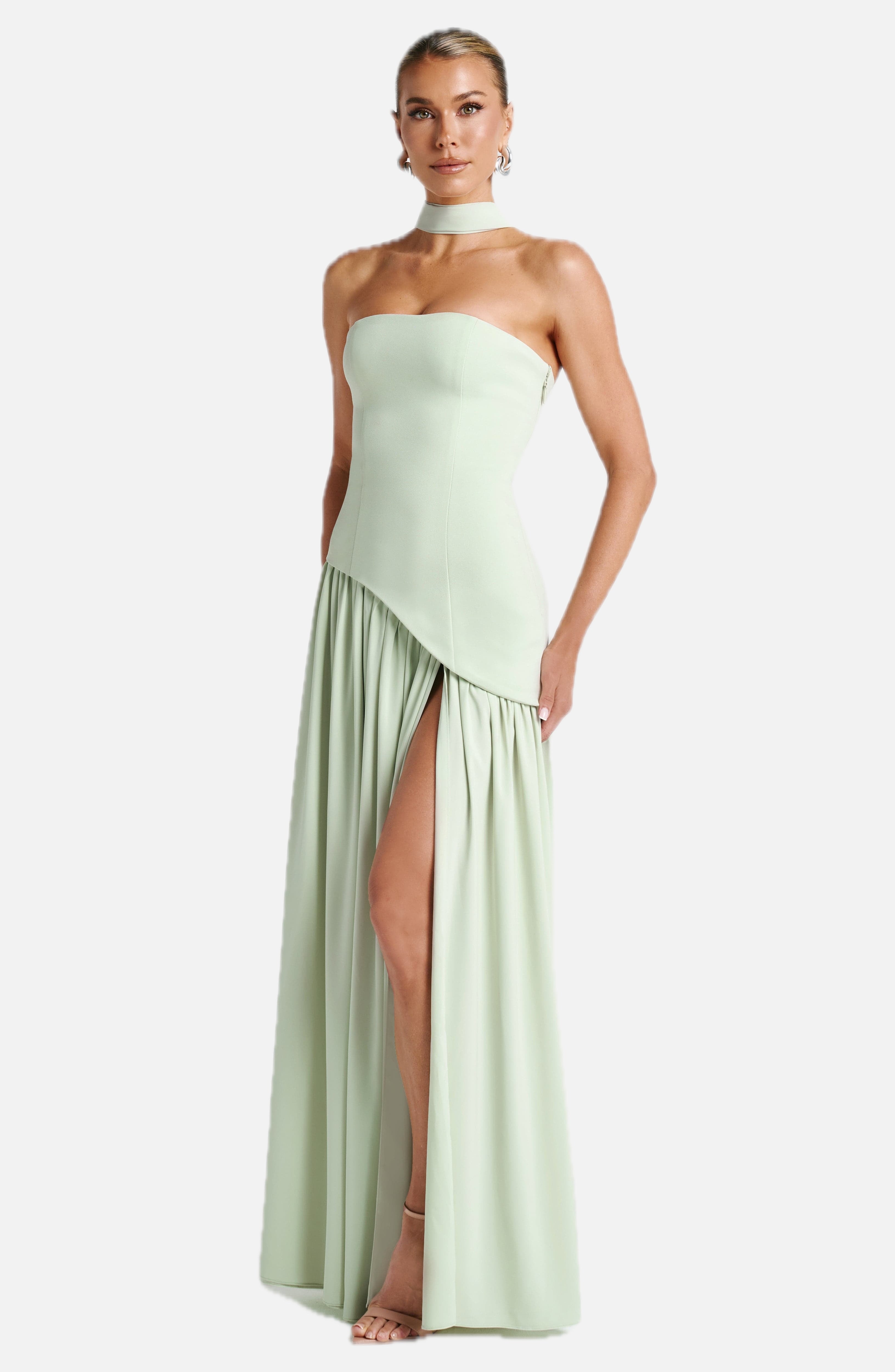 Women's Strapless Maxi Dress with Thigh Slit and Draped Skirt