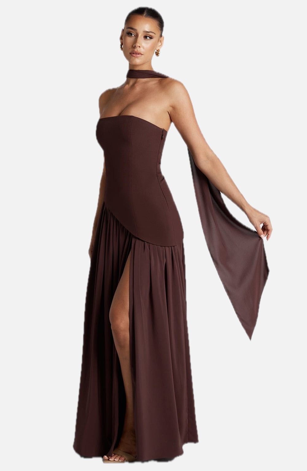 Women's Maxi Dress Strapless with Draped Neck Tie and High Slit