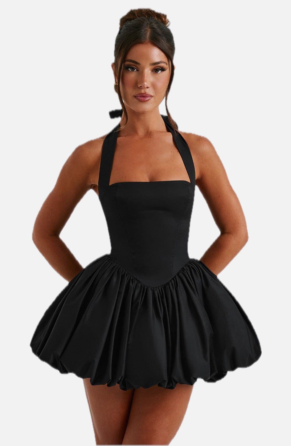 Women's Halterneck Puffball Mini Dress with Fitted Bodice - 1